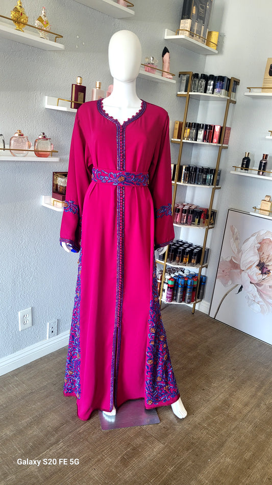 Pink with Blue embroidery Moroccan Abaya