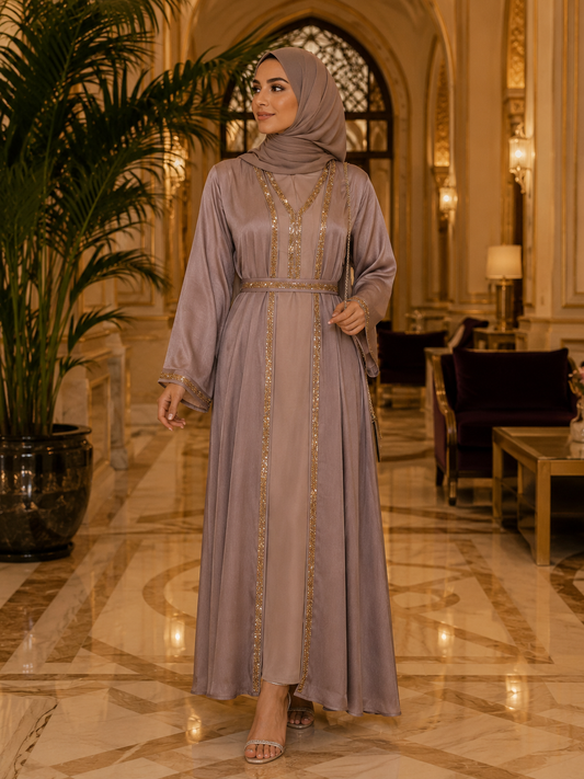 Taupe Gold Embellished Open Abaya with Matching Inner