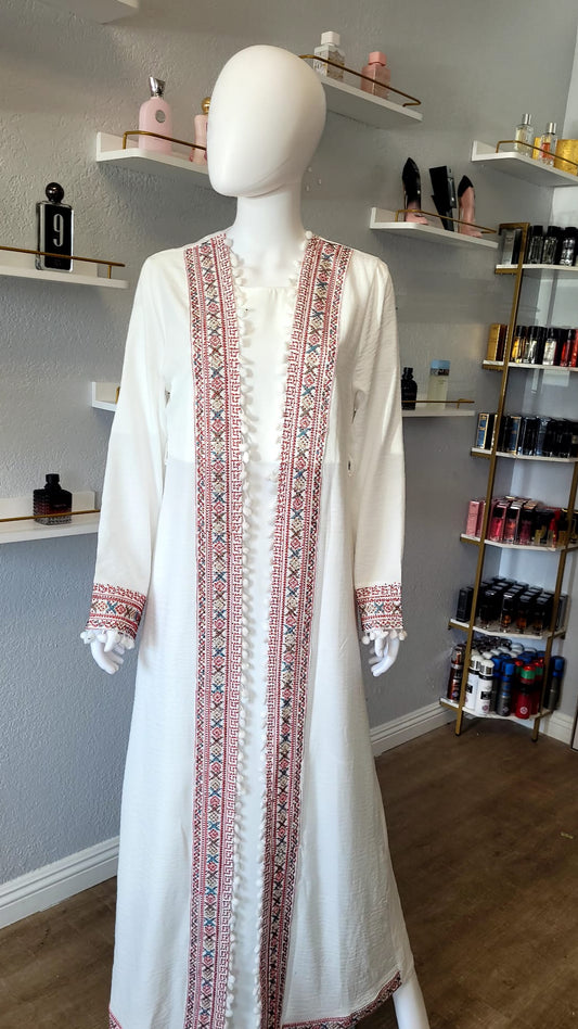 White Kaftan with Intricate Red Designs and Patterns